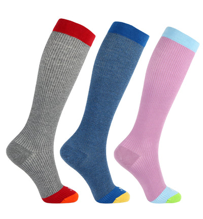 Cotton Everyday Compression Socks (15-20mmHg) - Contrast Toe Mock Rib - 3 Pack