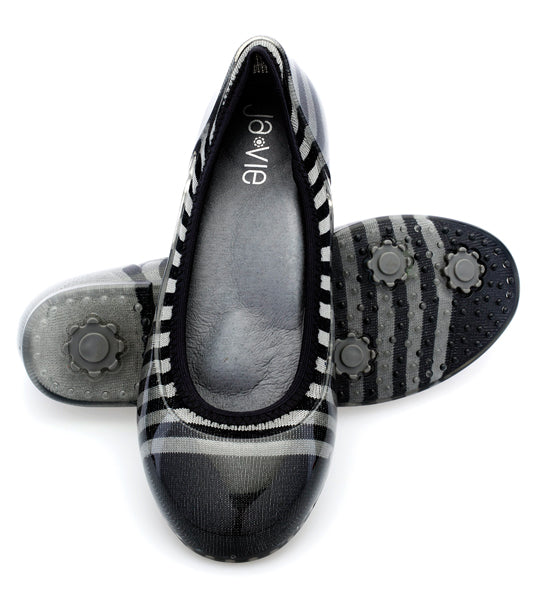 javie charcoal/black rugby stripe jelly flats shoes