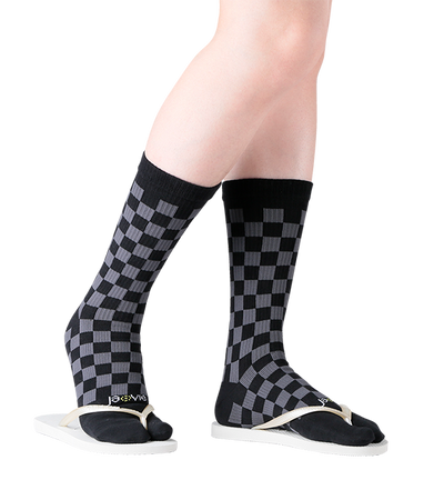 Cotton Split Toe Crew Socks - Checkerboard- 3 Pack
