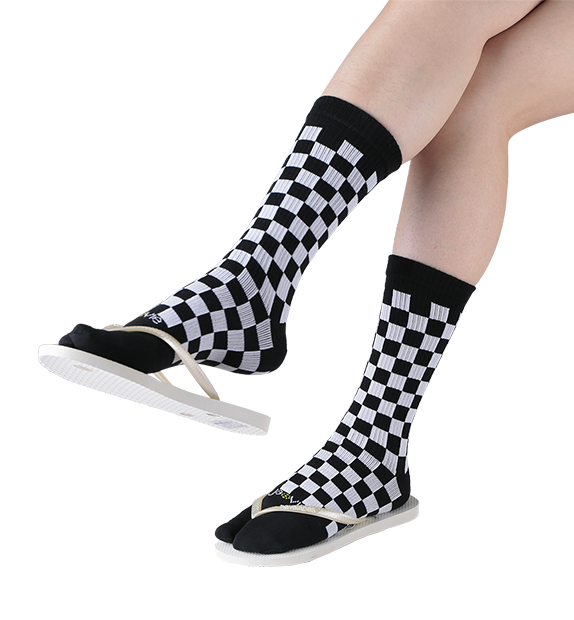 Cotton Split Toe Crew Socks - Checkerboard- 3 Pack