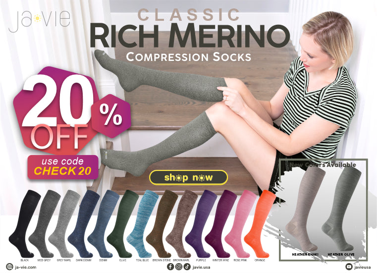 JAVIE Merino Wool Compression Socks for Women ＆ Men Comfy Warm Knee High Stockings Lightweight (15-20mmHg) ja vie 76% Merino Wool Compression Socks 15-20mmHg Seamless Toe