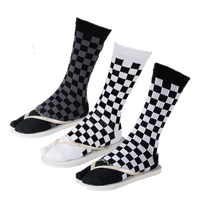 Cotton Split Toe Crew Socks - Checkerboard- 3 Pack