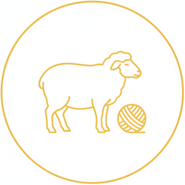 Gold line drawing of a sheep with a ball of yarn inside a gold circle on a white background