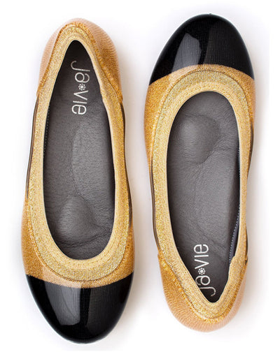ja-vie black cap/gold jelly flats shoes