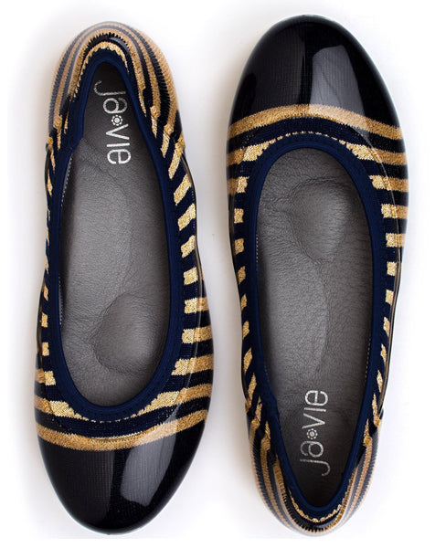 ja-vie gold cap/navy rugby stripe jelly flats shoes